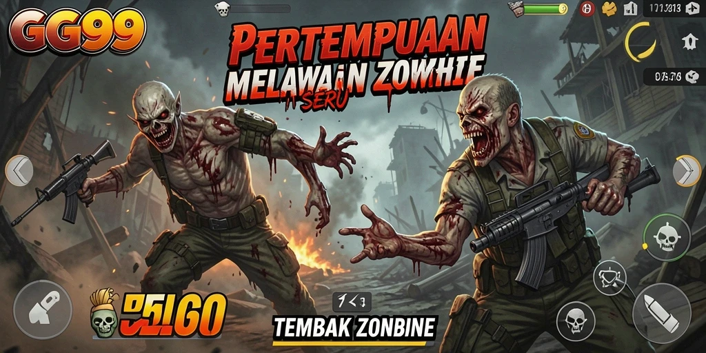 Antarmuka permainan GG99 yang menampilkan pertempuran menegangkan melawan zombie.