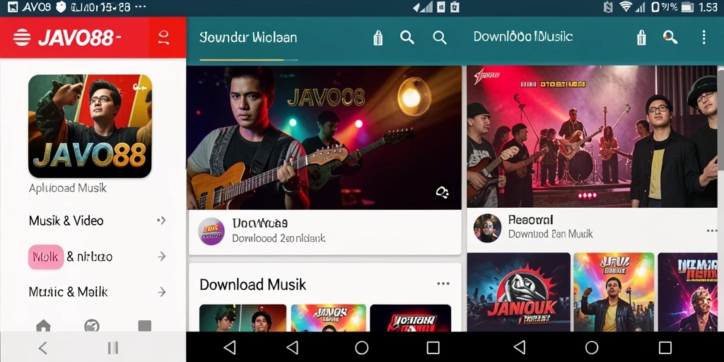 Antarmuka aplikasi JAVO88 dengan fitur Download Musik yang mudah digunakan.
