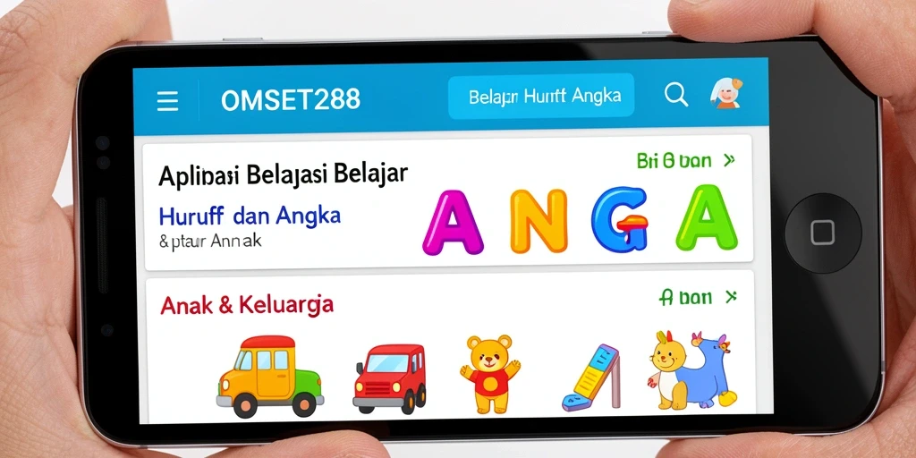 Antarmuka aplikasi OMSET288 yang menarik untuk Belajar Huruf dan Angka.